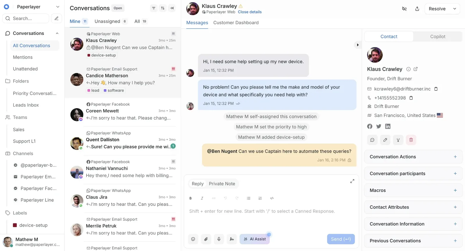 Panel de Chatwoot: conversaciones de AlohaAgent atendidas por el equipo de Aloha